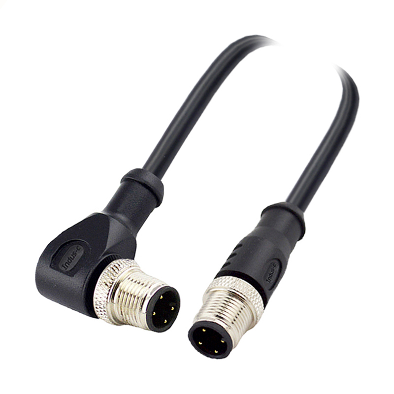 M12 4pins D code male straight to male right angle molded cable,shielded,PUR,-40°C~+105°C,22AWG 0.34mm²,brass with nickel plated screw